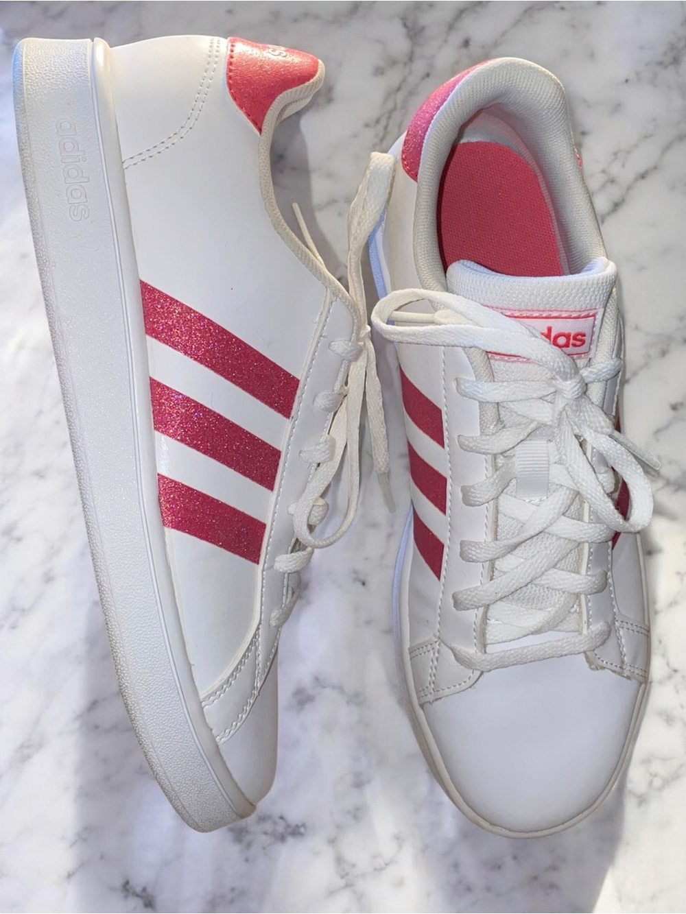 Adidas Grand Court K Kids Sneakers White Pink Glitter EG5136 Size 5.5